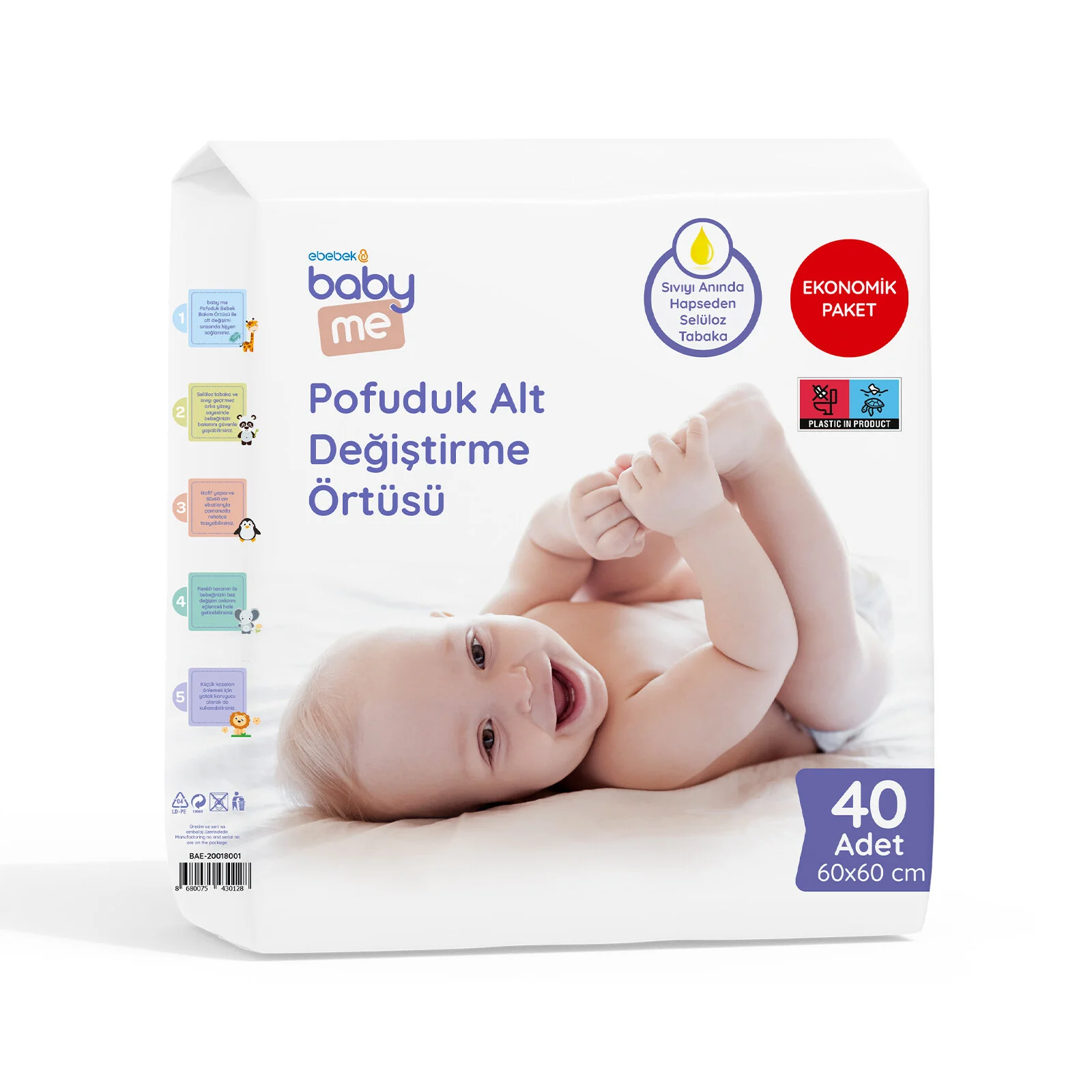 Pofuduk Alt Değiştirme Örtüsü 60x60 cm 40 adet